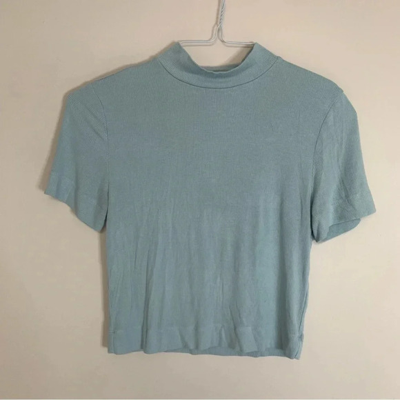 Babaton Blue Ribbed Cropped Mock Neck Short Sleeve  Top M - Picture 1 of 7